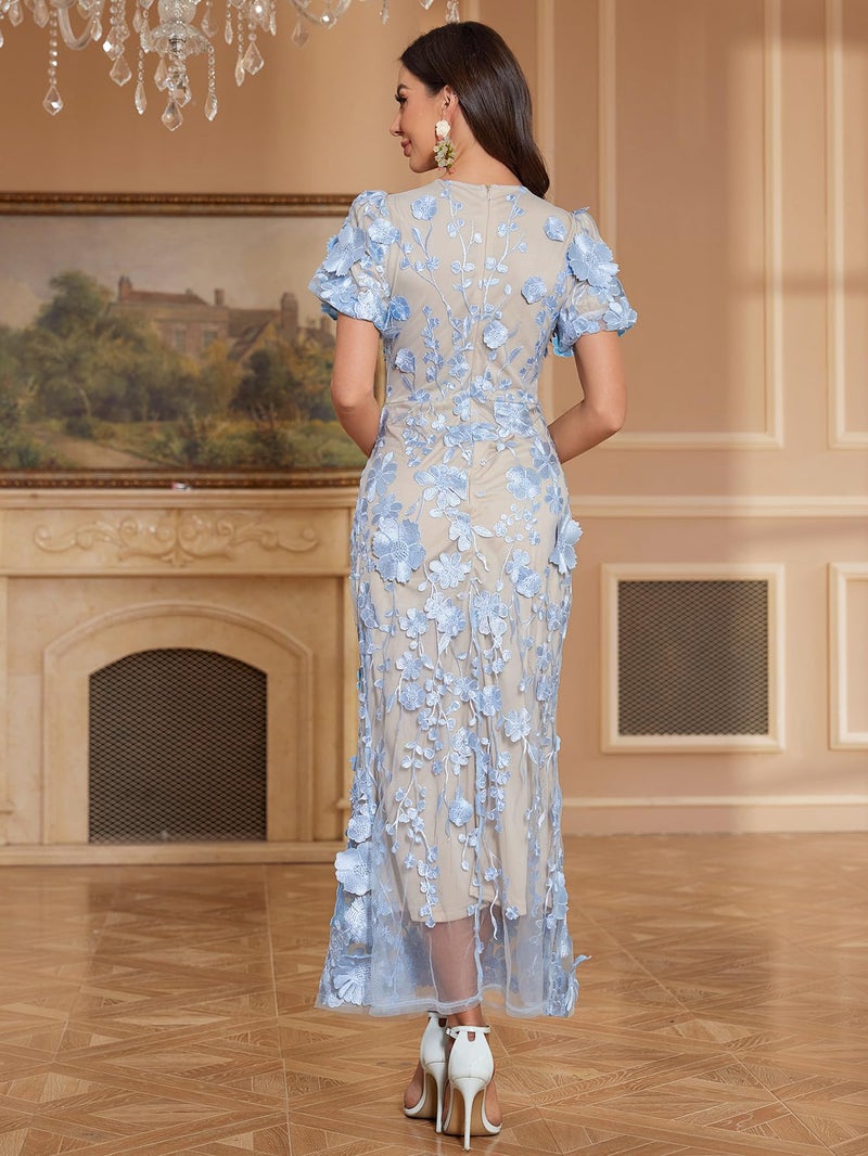 NeeMee Women's 3D Floral Embroidery Dress Ruffle Sleeve Fishtail Lace Bodycon Party Cocktail Mixi Dress (US, Alpha, Small, Regular, Regular, Sky Blue) - Image 3