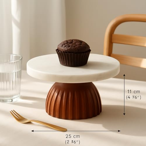 CORALTREE CORAL TREE 25 cm Round Marble Cake Stand With Wooden Base | Cake Cutting Stand Dessert Stand for Cakes, Cupcakes & Pastries | Dessert Serving Tray Platter Cake Pedestal for Wedding, Party & Home Decor - Image 3