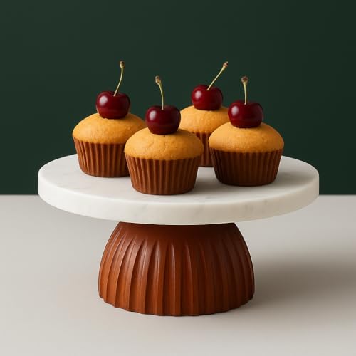CORALTREE CORAL TREE 25 cm Round Marble Cake Stand With Wooden Base | Cake Cutting Stand Dessert Stand for Cakes, Cupcakes & Pastries | Dessert Serving Tray Platter Cake Pedestal for Wedding, Party & Home Decor - Image 4