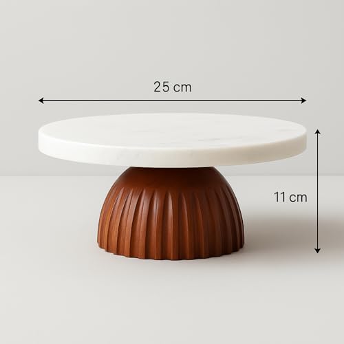 CORALTREE CORAL TREE 25 cm Round Marble Cake Stand With Wooden Base | Cake Cutting Stand Dessert Stand for Cakes, Cupcakes & Pastries | Dessert Serving Tray Platter Cake Pedestal for Wedding, Party & Home Decor - Image 2