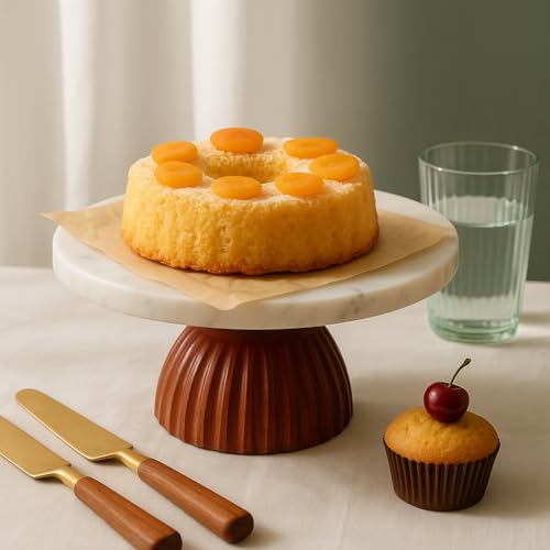 CORALTREE CORAL TREE 25 cm Round Marble Cake Stand With Wooden Base | Cake Cutting Stand Dessert Stand for Cakes, Cupcakes & Pastries | Dessert Serving Tray Platter Cake Pedestal for Wedding, Party & Home Decor - Image 5