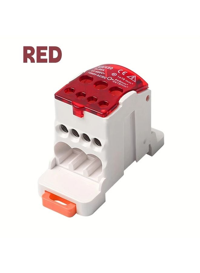 Red DIN Rail Distribution Box 80A 1 In N Out Copper Terminals Snap On Installation - Image 1