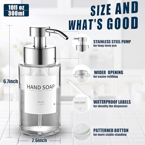 Doiliese Glass Foaming Hand Soap Dispenser, 10 oz Easy Refill Glass Soap Dispenser, Foam Dispenser with Stainless Steel Pump & Waterproof Labels, Clear Foam Soap Bottle for Bathroom Countertop - Image 2