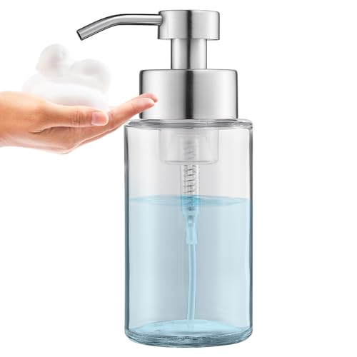 Doiliese Glass Foaming Hand Soap Dispenser, 10 oz Easy Refill Glass Soap Dispenser, Foam Dispenser with Stainless Steel Pump & Waterproof Labels, Clear Foam Soap Bottle for Bathroom Countertop - Image 1