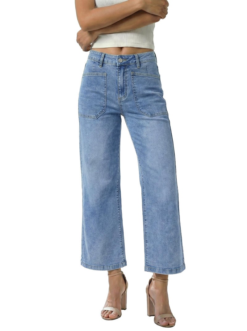 GRAPENT Crop Pants for Women Womens Cropped Pants Womens Stretch Jeans High Waist Jeans for Women Bay Blue Medium Fits US Size 8 to 10 - Image 1