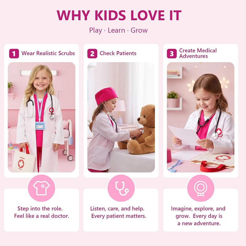 Meland Doctor Costume for Kids 3-10, Kids Pretend Play Doctor Dress Up with Medical Toys, Career Exploration Role Play Toy - Image 3