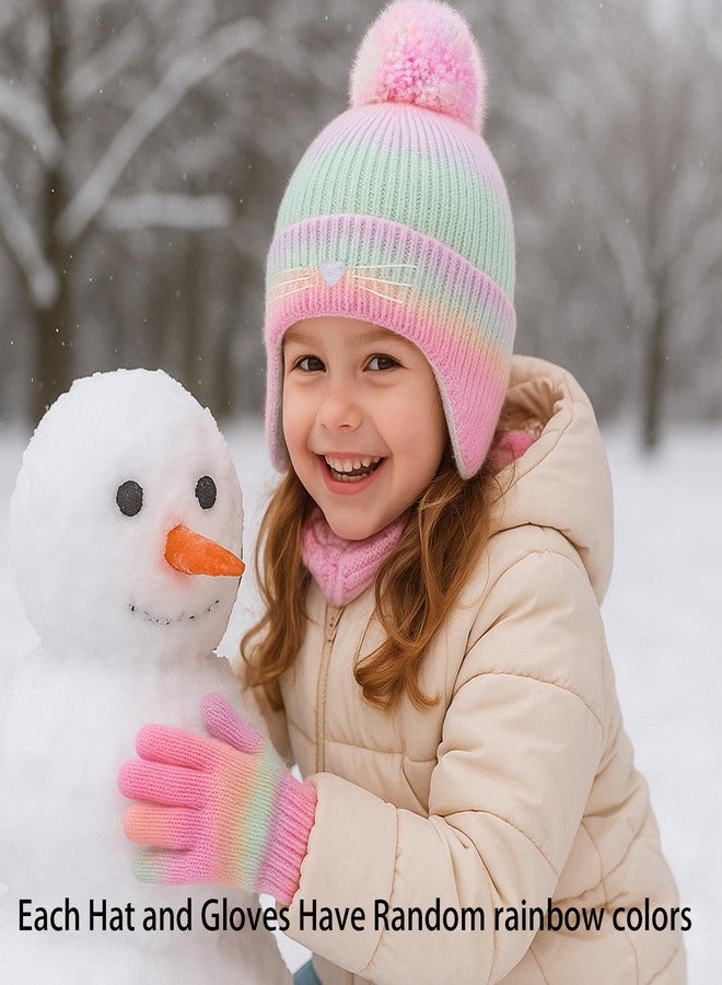 ACTLATI Cat Face Earflap Beanie and Gloves Set for Girls Rainbow Pom Knit Hats Winter Outdoor Snow Ski Caps Age 2-10 - Image 2