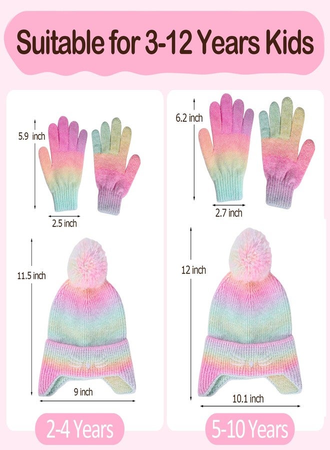 ACTLATI Cat Face Earflap Beanie and Gloves Set for Girls Rainbow Pom Knit Hats Winter Outdoor Snow Ski Caps Age 2-10 - Image 3