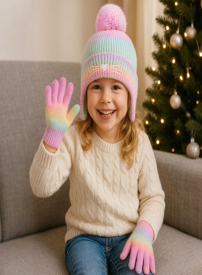 ACTLATI Cat Face Earflap Beanie and Gloves Set for Girls Rainbow Pom Knit Hats Winter Outdoor Snow Ski Caps Age 2-10 - Image 5