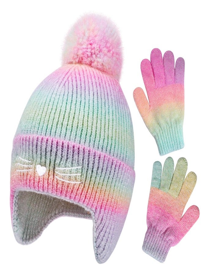 ACTLATI Cat Face Earflap Beanie and Gloves Set for Girls Rainbow Pom Knit Hats Winter Outdoor Snow Ski Caps Age 2-10 - Image 1