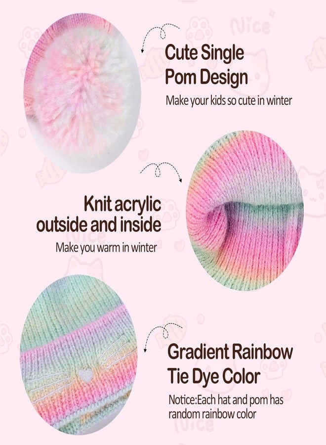 ACTLATI Cat Face Earflap Beanie and Gloves Set for Girls Rainbow Pom Knit Hats Winter Outdoor Snow Ski Caps Age 2-10 - Image 4