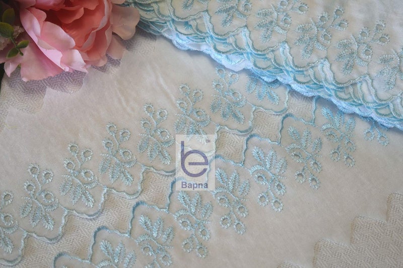 Bapna 5 Meters Cotton Embroidery Lace for Sewing Saree Dress Ribbon for Decor Bed Linens (Blue) - Image 1