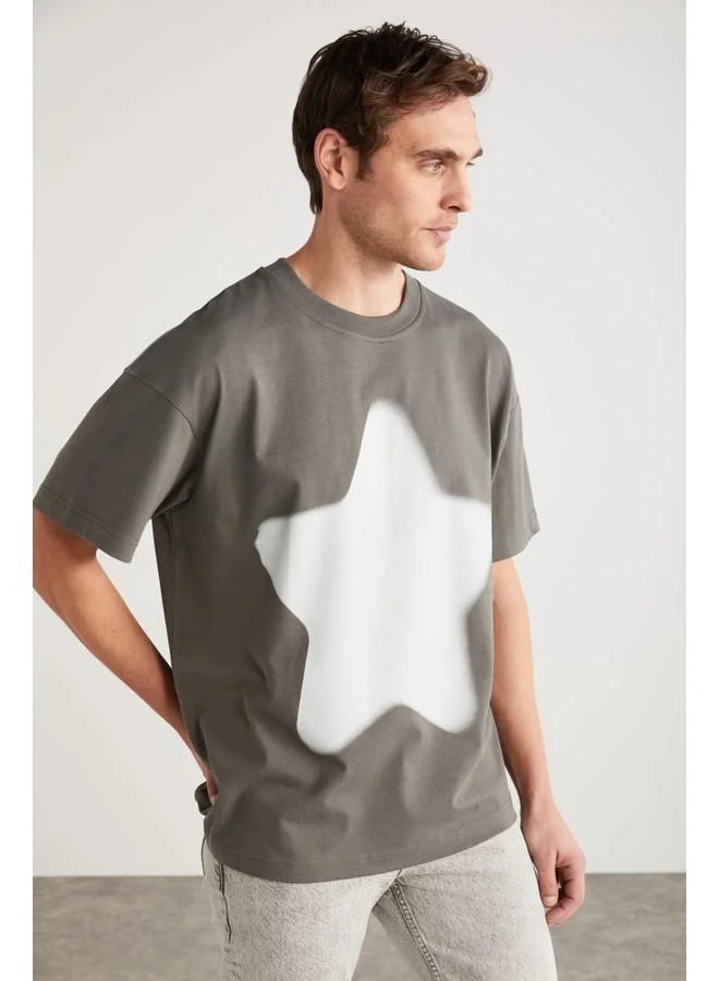 GRIMELANGE Grimelange Adan Men's Cotton Star Print Crew Neck Short Sleeve Oversize Grey T-Shirt