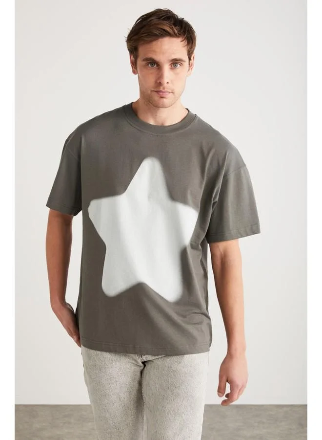 GRIMELANGE Grimelange Adan Men's Cotton Star Print Crew Neck Short Sleeve Oversize Grey T-Shirt