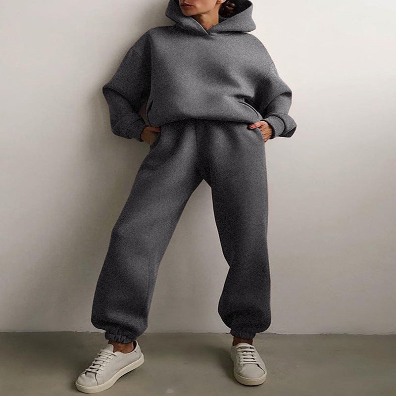 2022 cross-border spring and autumn fashion casual hooded sweater two-piece long sleeve solid color fleece skinny casual suit Gray
