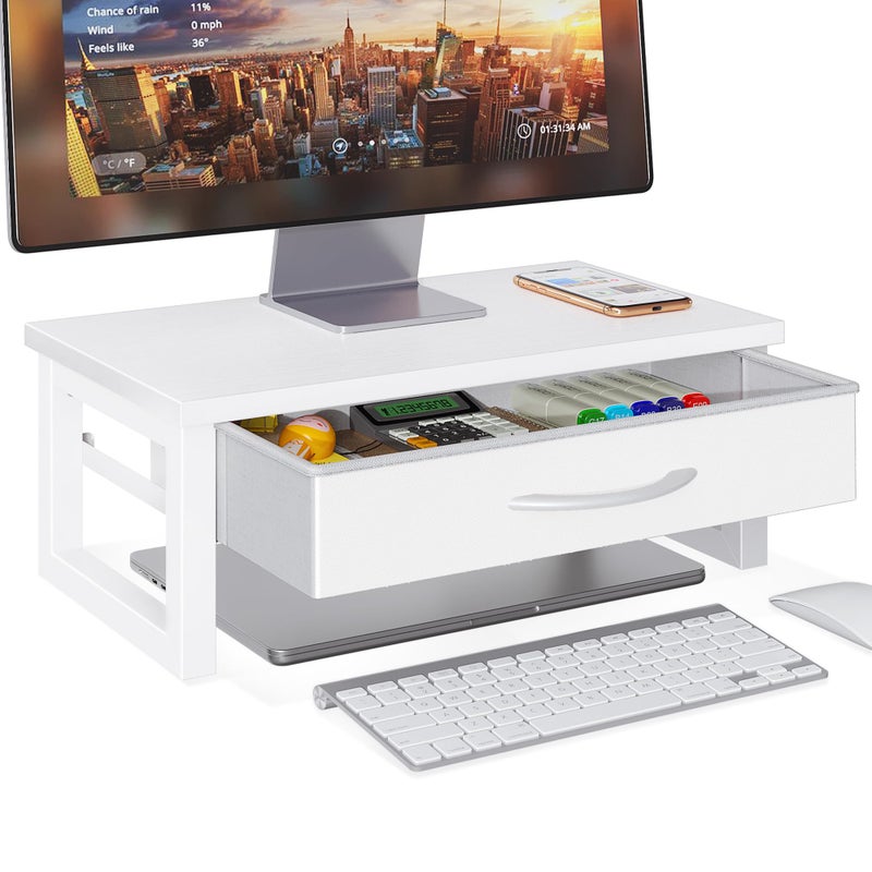 HEWORLIF Desk Organizers and Accessories, Computer Monitor Stand Riser with Drawer, White Laptop Stand for Desk with Storage, Office Organization, Wood - Image 1