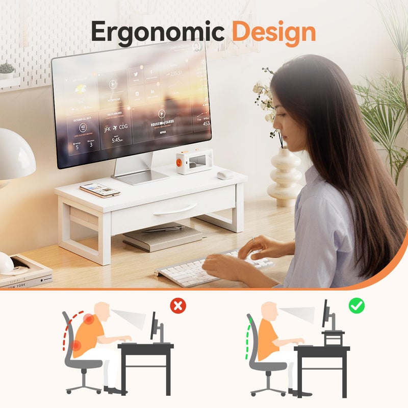 HEWORLIF Desk Organizers and Accessories, Computer Monitor Stand Riser with Drawer, White Laptop Stand for Desk with Storage, Office Organization, Wood - Image 2