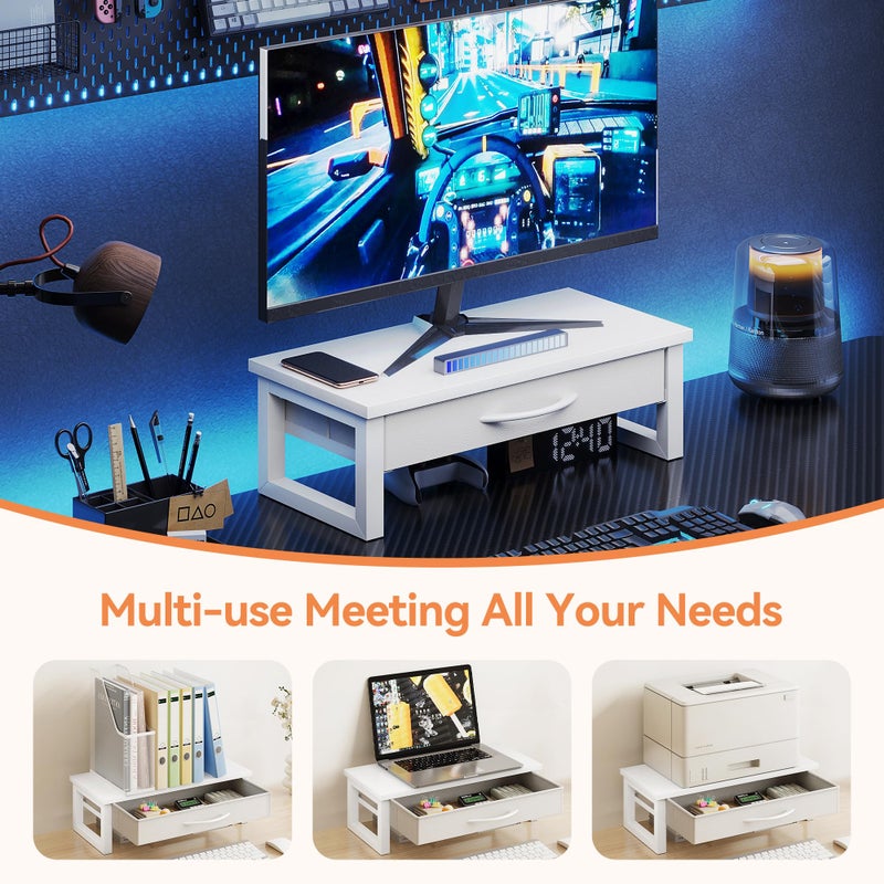 HEWORLIF Desk Organizers and Accessories, Computer Monitor Stand Riser with Drawer, White Laptop Stand for Desk with Storage, Office Organization, Wood - Image 5