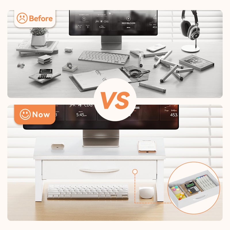 HEWORLIF Desk Organizers and Accessories, Computer Monitor Stand Riser with Drawer, White Laptop Stand for Desk with Storage, Office Organization, Wood - Image 3