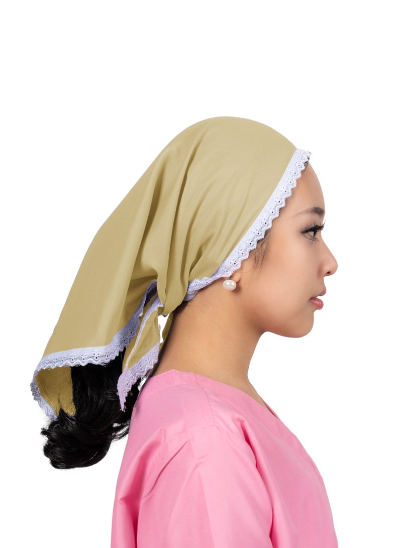 وشاح مربع أنيق، حواف دانتيل بيضاء، قماش ناعم وخفيف الوزن، غطاء رأس/مربية أطفال/مربية أطفال، قطن، مقاس واحد