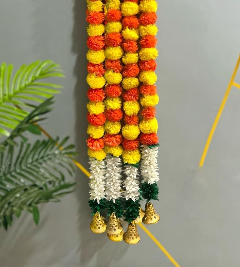 Abhaas Handmade Artificial Jasmine Gajra Marigold Garland Rajnigandha Tassels & Bells Traditional Decor for Diwali/Wedding/Festivals (GN-Y-5142) - Image 1