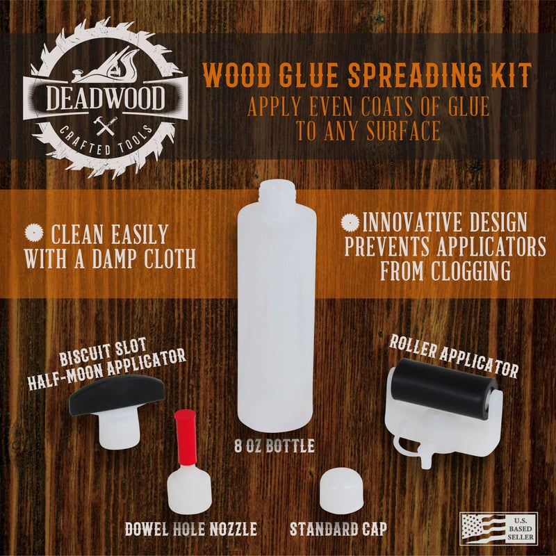 Deadwood Crafted Tools DCT Wood Glue Spreading Woodworking Kit â€“ 8 oz Ounce Bottle, Roller Applicator, Dowel Hole Nozzle, Biscuit Slot Tip - Image 2