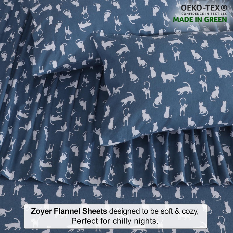 ZOYER Flannel Sheets King Size - 100% Cotton Double Brushed King Size Sheets Set - Deep Pockets 16 Inches Bed Sheets - All Seasons Breathable & Extra Soft - Warm & Cozy, 4 Piece, White Cat - Image 4