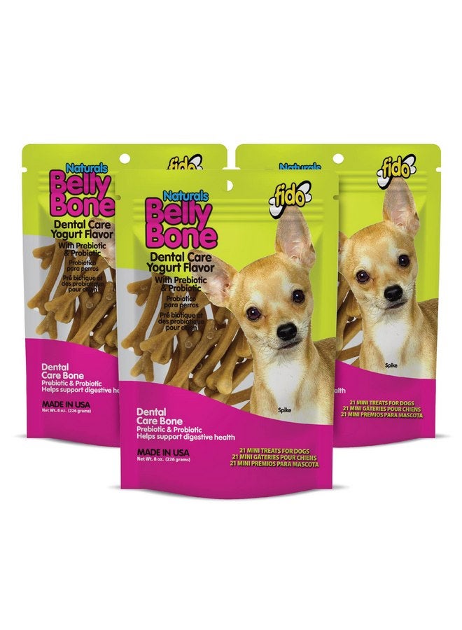 Fido Naturals Belly Bones for Dogs, Yogurt Flavored Mini Dog Dental Treats - 21 Treats Per Pack, 3 Pack - for Small Dogs, Made in USA, Plaque & Tartar Control, Fresh Breath, Digestive Health Support - Image 1
