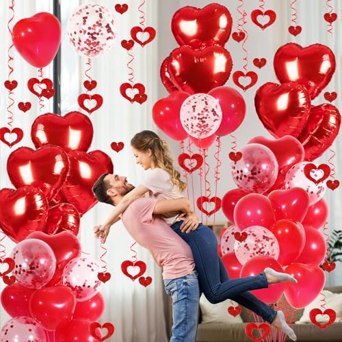 Douvelue Red Heart Balloons Set, 30Pcs Heart Shaped Balloons and 50Pcs Red Hanging Streamer for Valentines Decorations, Proposal, Wedding Party - Image 4