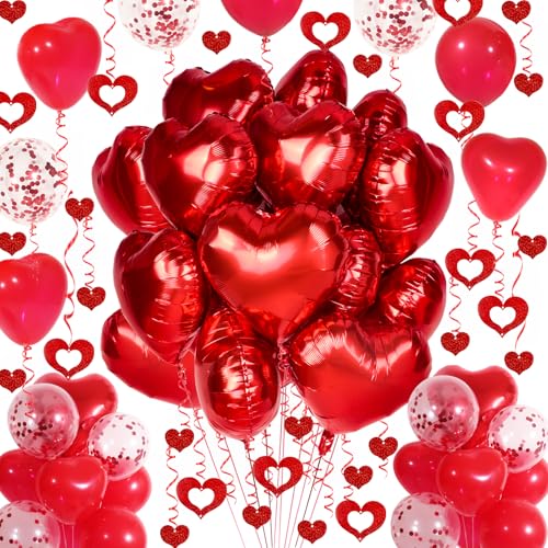 Douvelue Red Heart Balloons Set, 30Pcs Heart Shaped Balloons and 50Pcs Red Hanging Streamer for Valentines Decorations, Proposal, Wedding Party - Image 1