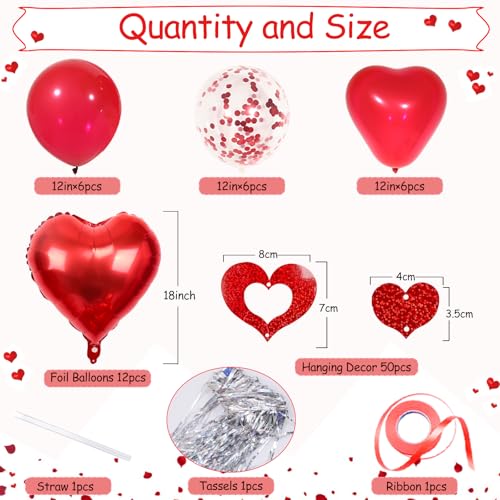Douvelue Red Heart Balloons Set, 30Pcs Heart Shaped Balloons and 50Pcs Red Hanging Streamer for Valentines Decorations, Proposal, Wedding Party - Image 2