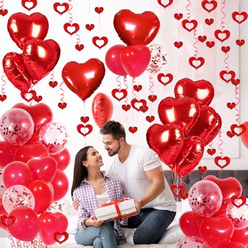 Douvelue Red Heart Balloons Set, 30Pcs Heart Shaped Balloons and 50Pcs Red Hanging Streamer for Valentines Decorations, Proposal, Wedding Party - Image 5