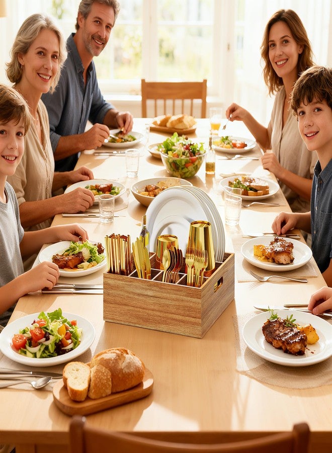 Aofure حامل أدوات مائدة من خشب الأكاسيا للحفلات، حامل أطباق وأدوات مائدة ورقية لسطح الطاولة، منظم أدوات مائدة للمطبخ، موزع للملاعق والمناديل والأكواب، حامل أدوات مائدة للاستخدام الخارجي والتخييم والنزهات - Image 2
