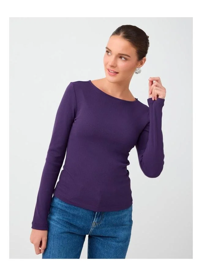 Jimmy Key Purple Round Neck Slim Fit Long Sleeve Blouse.