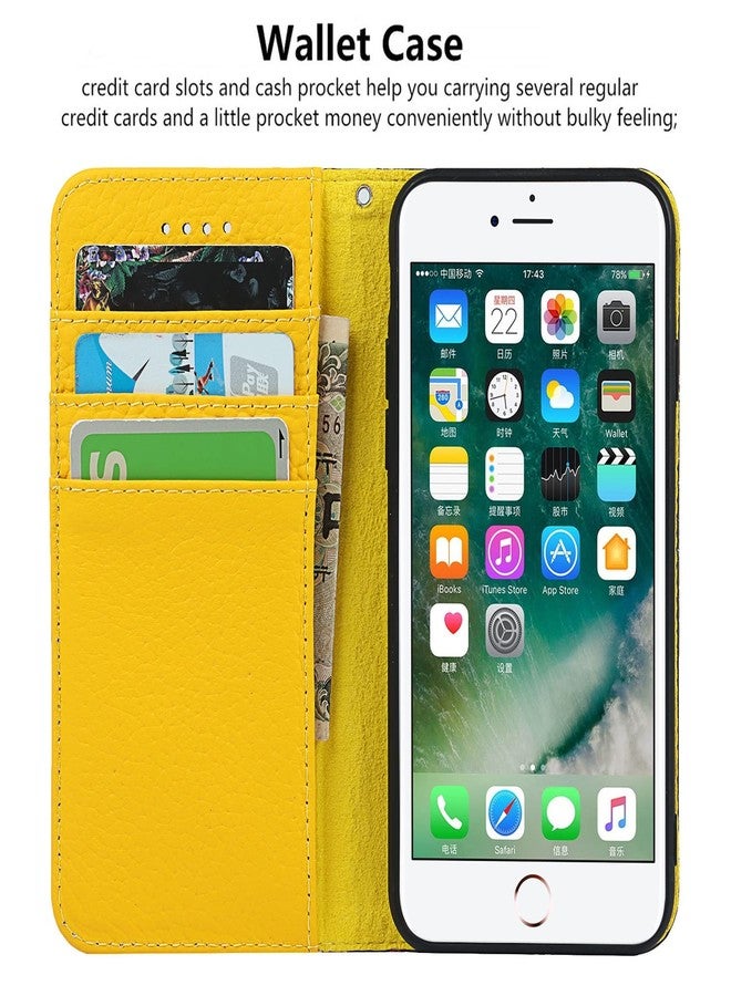 iCoverCase Compatible with iPhone SE(2022)/SE(2020)/7/8 Wallet Case with Credit Card Holder and Wrist Strap, RFID Blocking Genuine Leather Flip Magnetic Phone Cover 4.7 Inch (Yellow) - Image 4
