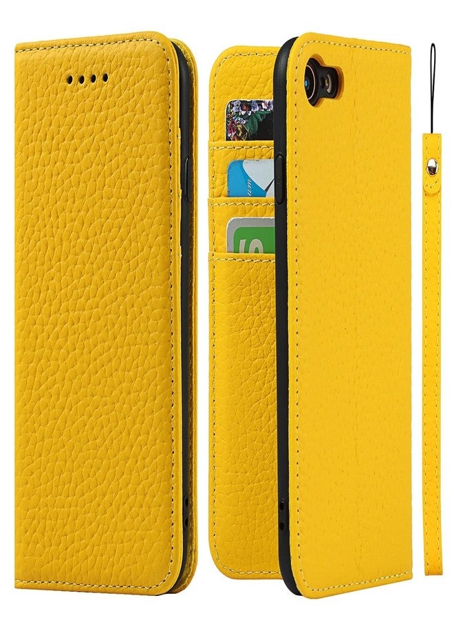 iCoverCase Compatible with iPhone SE(2022)/SE(2020)/7/8 Wallet Case with Credit Card Holder and Wrist Strap, RFID Blocking Genuine Leather Flip Magnetic Phone Cover 4.7 Inch (Yellow) - Image 1