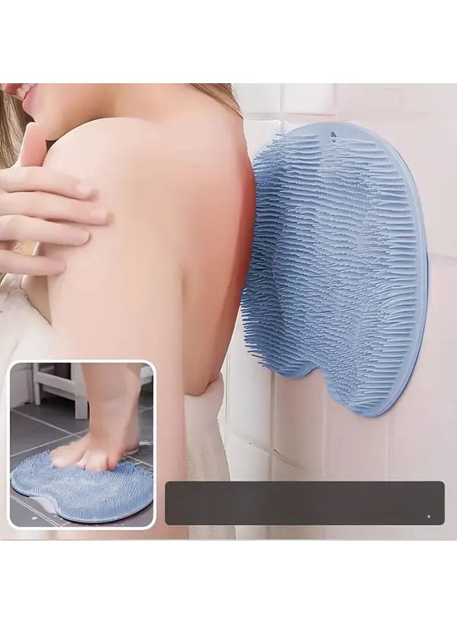 فرشاة الاستحمام الزرقاء 2 في 1 للظهر والقدم مع كوب شفاط ووسادة تقشير وتدليك مثبتة على الحائط - Image 1
