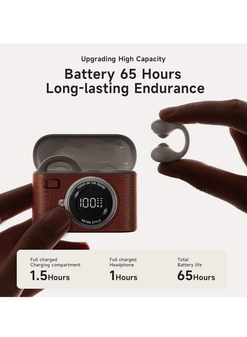 KASTWAVE Open Ear Clip Headphones, Wireless Earbuds Bluetooth 5.4, Sport Clip-on Earphones, Light-Weight Headphones, with 4HD Mics, 65H Playtime & LED Display, Compatible with Android iOS/Samsung, Brown - Image 3