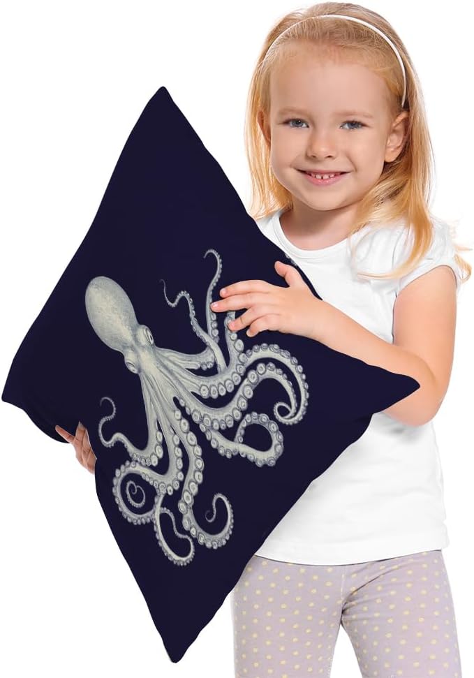 Moslion Octopus Pillow Case,Cute White Giant Octopus on Dark Blue Background Throw Pillow Case 18" x 18" Inch Cotton Linen Cushion Cover for Men Women Navy Blue White - Image 2
