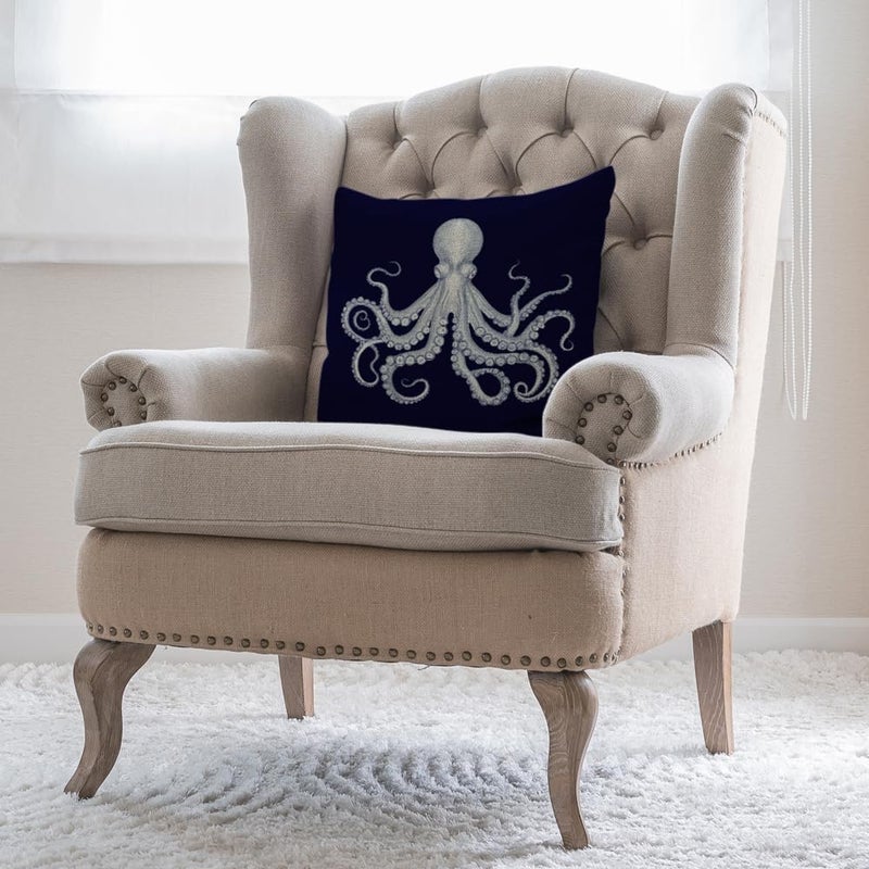Moslion Octopus Pillow Case,Cute White Giant Octopus on Dark Blue Background Throw Pillow Case 18" x 18" Inch Cotton Linen Cushion Cover for Men Women Navy Blue White - Image 4