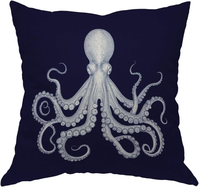 Moslion Octopus Pillow Case,Cute White Giant Octopus on Dark Blue Background Throw Pillow Case 18" x 18" Inch Cotton Linen Cushion Cover for Men Women Navy Blue White - Image 1