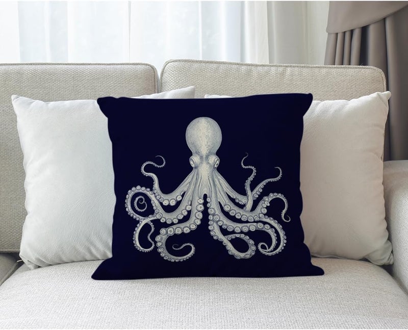 Moslion Octopus Pillow Case,Cute White Giant Octopus on Dark Blue Background Throw Pillow Case 18" x 18" Inch Cotton Linen Cushion Cover for Men Women Navy Blue White - Image 3