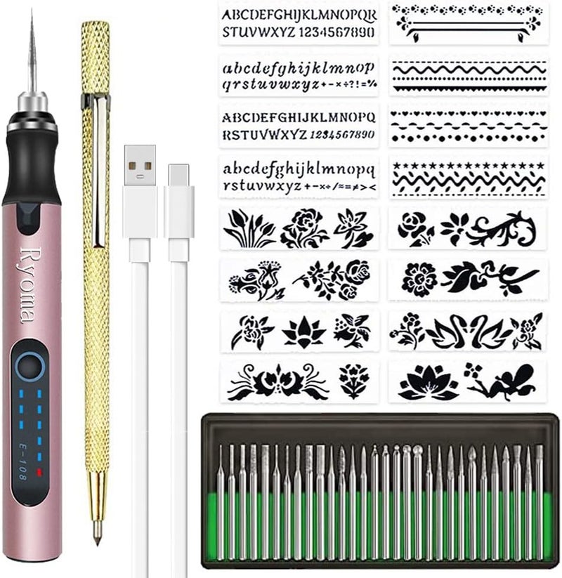 Ryoma Rechargeable cordless Electric Micro Engraver Pen Mini DIY Engraving Tool Kit for Metal Glass Ceramic Plastic Wood Jewelry with 30 Bits and 16 Stencils and 1 Scriber Pen (Rose gold) - Image 1