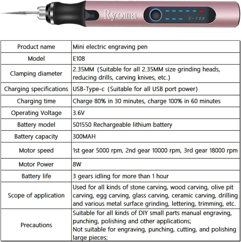 Ryoma Rechargeable cordless Electric Micro Engraver Pen Mini DIY Engraving Tool Kit for Metal Glass Ceramic Plastic Wood Jewelry with 30 Bits and 16 Stencils and 1 Scriber Pen (Rose gold) - Image 4