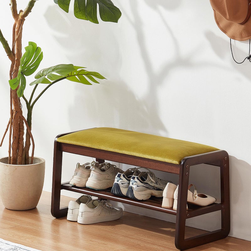 Achicsofar Shoe Rack Bench,2 Tier Solid Wooden Entryway Bench with Shoe Storage, Shoe Rack with Cushion for Living Room, Hallway(Olive Green, 31.5") - Image 1