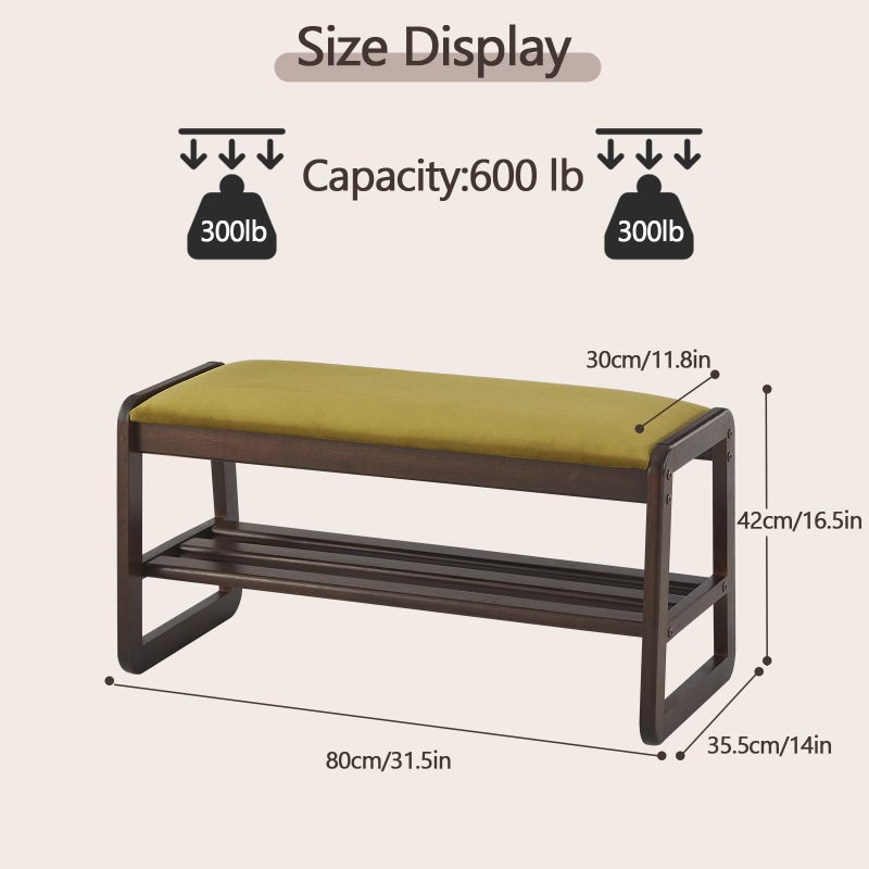 Achicsofar Shoe Rack Bench,2 Tier Solid Wooden Entryway Bench with Shoe Storage, Shoe Rack with Cushion for Living Room, Hallway(Olive Green, 31.5") - Image 2