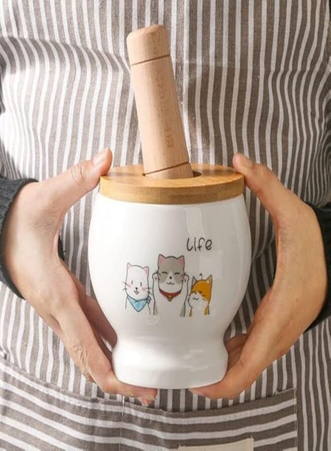 Generic Ceramic Mortar and Pestle Set, 600ml, Cat Design, Bamboo Lid with Wooden Handle, White .db
