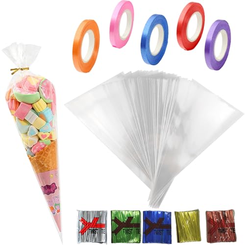 INIMAGINE 100 Pcs Return Gift Bags for Kids Birthday, Return Gift Bags for Kids Clear Cellophane Cones with Twist Ties & Ribbons | Festive Reusable Goodie Bags for Parties Holidays & Themed Events - Small Size for Candies Treats & Favor - Image 1