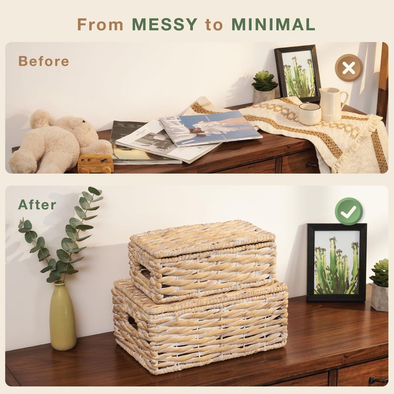 84ECO Set of 2 White Wicker Baskets with Lid - Image 5