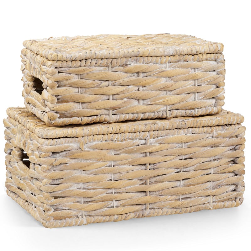 84ECO Set of 2 White Wicker Baskets with Lid - Image 1